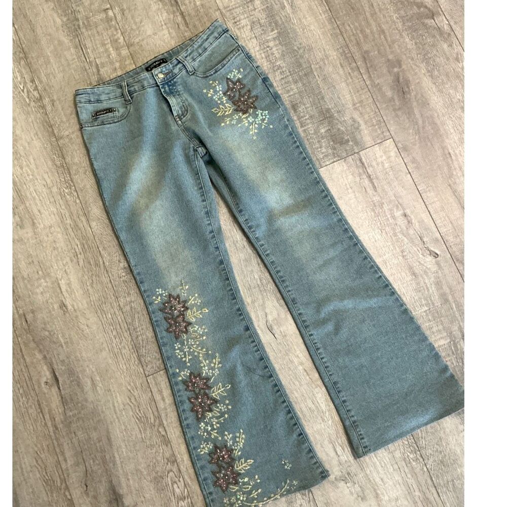 Zoompy Y2K Floral Embroidered Beaded Flare Jeans Size Medium Stretch